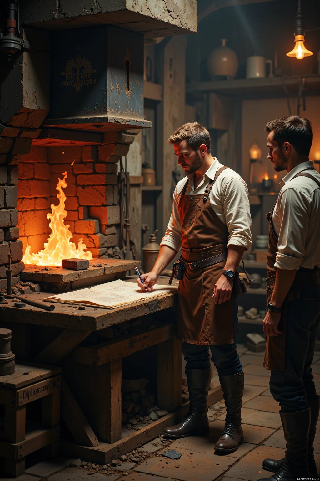 Two men in a workshop, one writing in a notebook while the other observes.