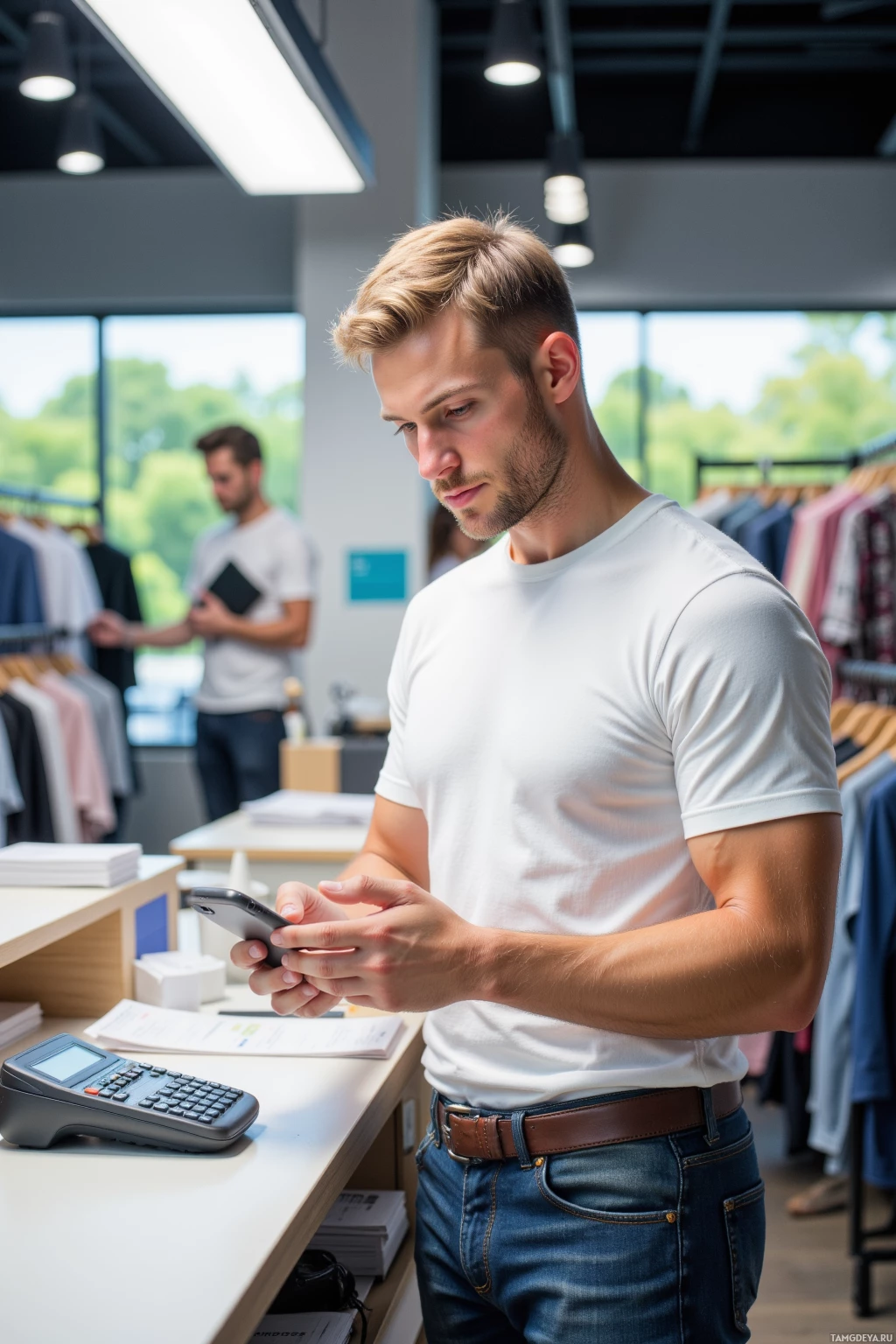 A man in a white t-shirt and jeans is using a smartphone in a clothing store.
