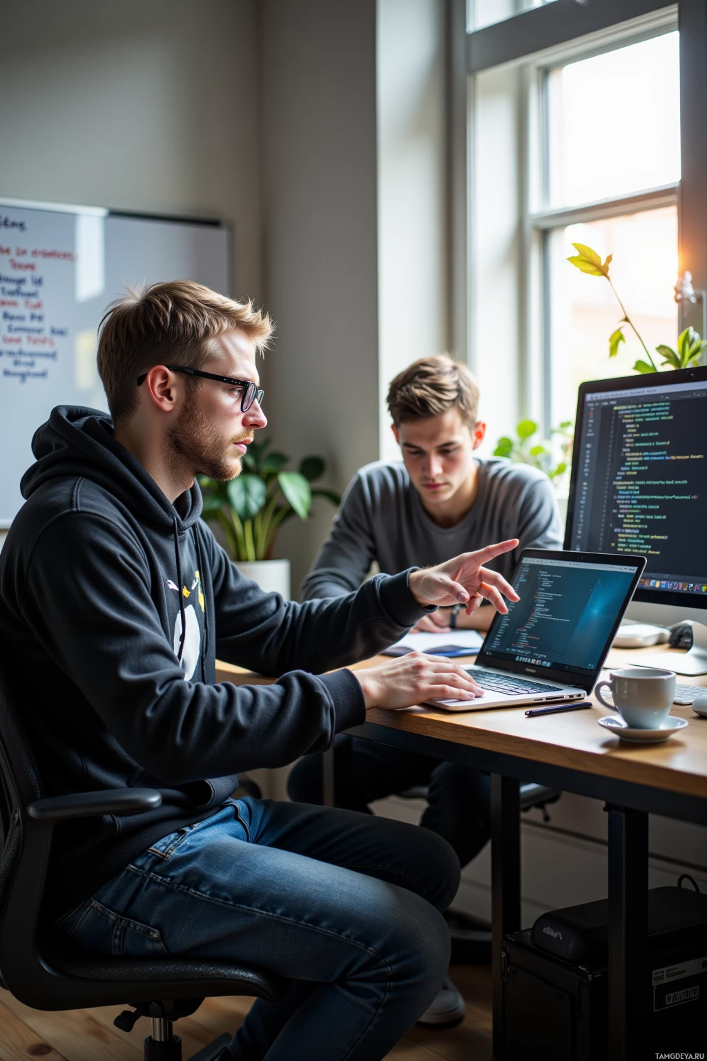 Two individuals are collaborating on a computer in a modern office setting.
