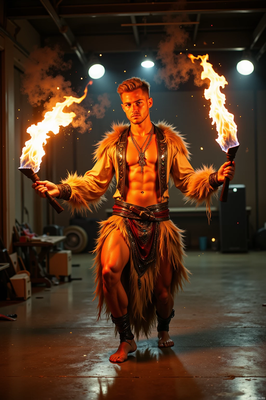 A man in a fur-trimmed outfit holds flaming torches in a dimly lit space.