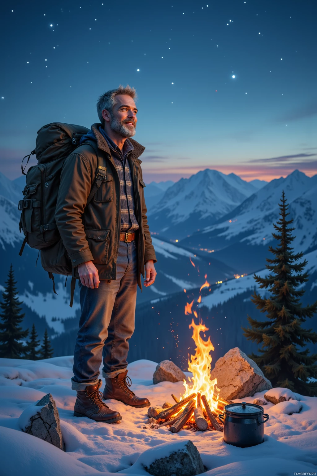 A man stands by a campfire in a snowy mountain landscape at dusk.