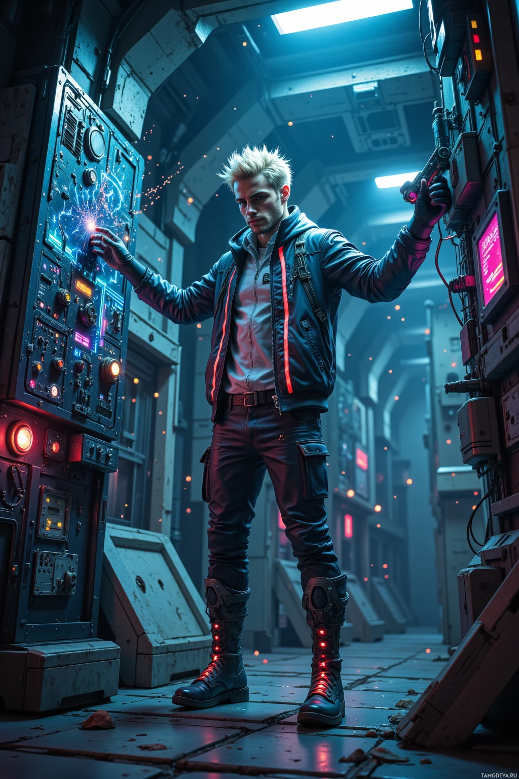 A cyberpunk character stands in a dimly lit, futuristic environment, interacting with a control panel.