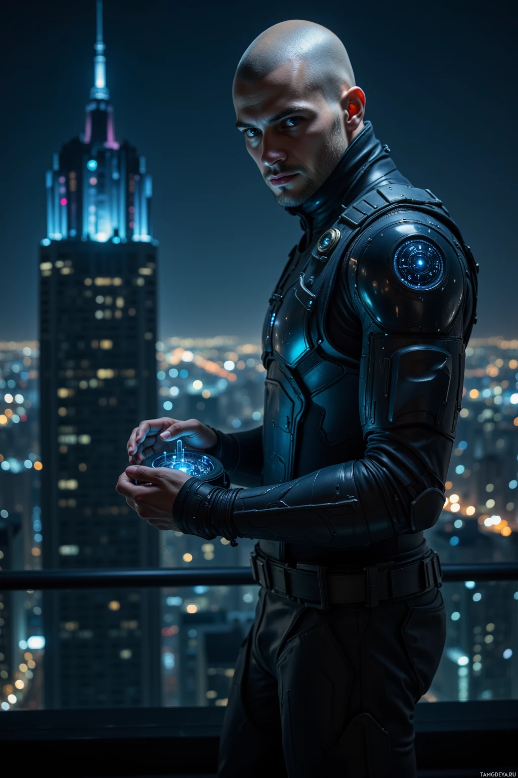 A person in futuristic armor stands against a cityscape at night.