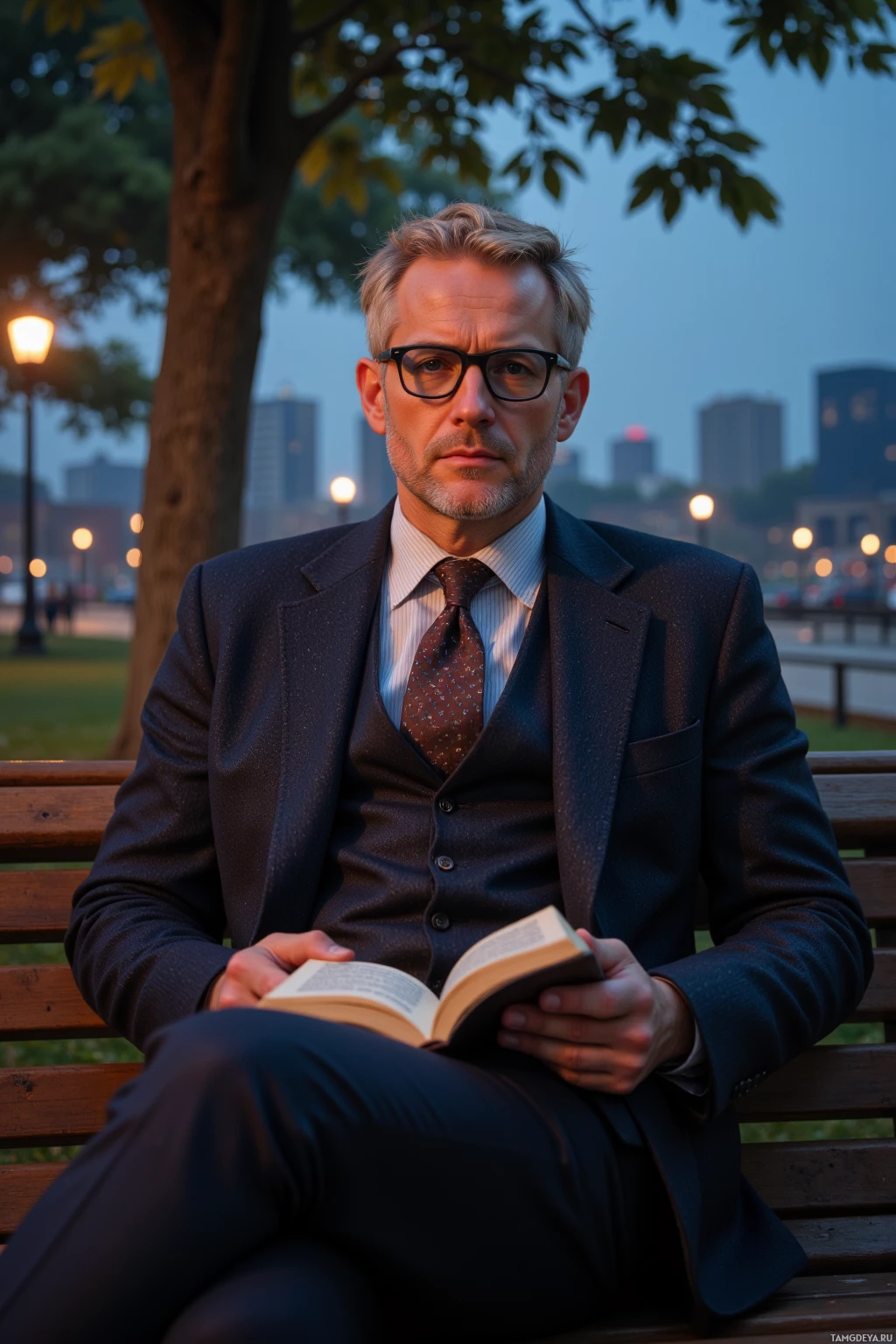 A man in a suit sits on a bench, holding an open book, with a cityscape and trees in the background.