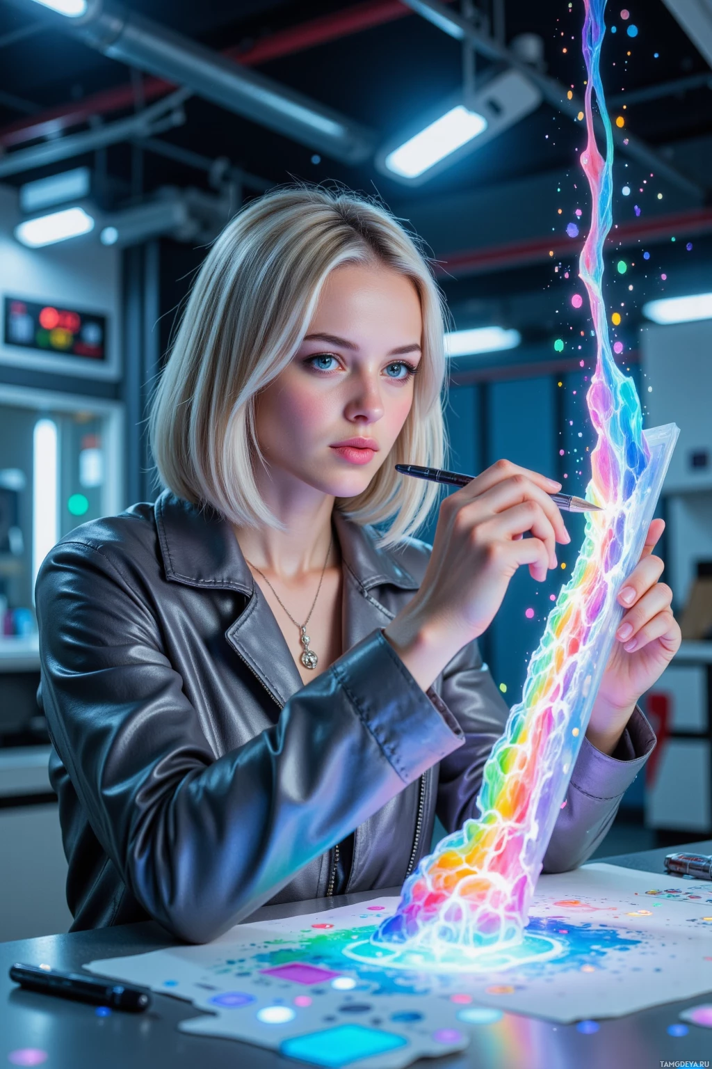A person in a leather jacket is drawing with a pen, creating a colorful, glowing design on paper.