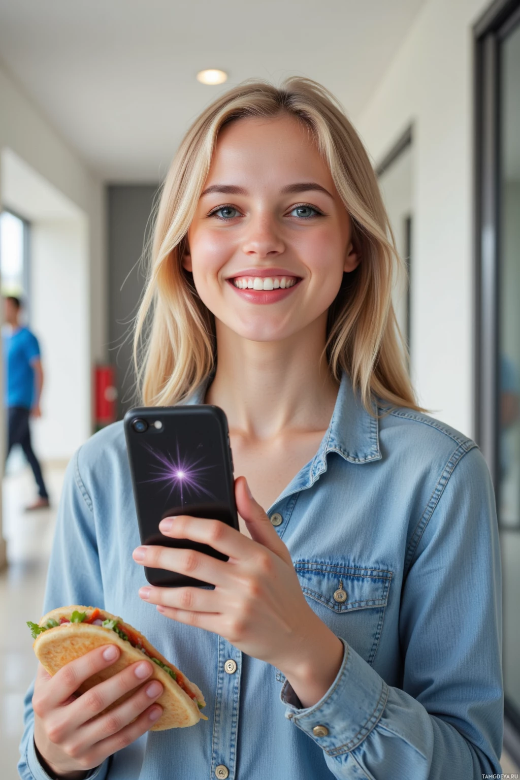 A person in a denim shirt holds a taco and a smartphone.