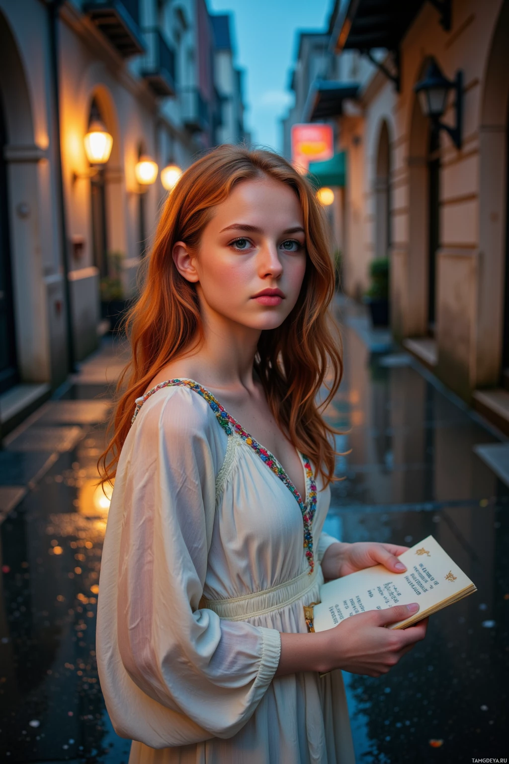 A woman in a white dress stands on a wet street at dusk, holding a book.