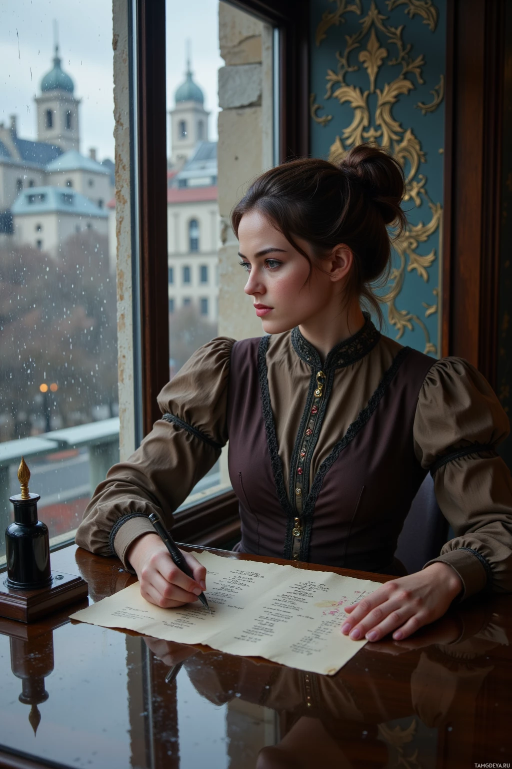 A woman in a vintage-style dress sits at a desk, writing on a piece of paper with a quill pen, while looking out a window at a rainy cityscape.