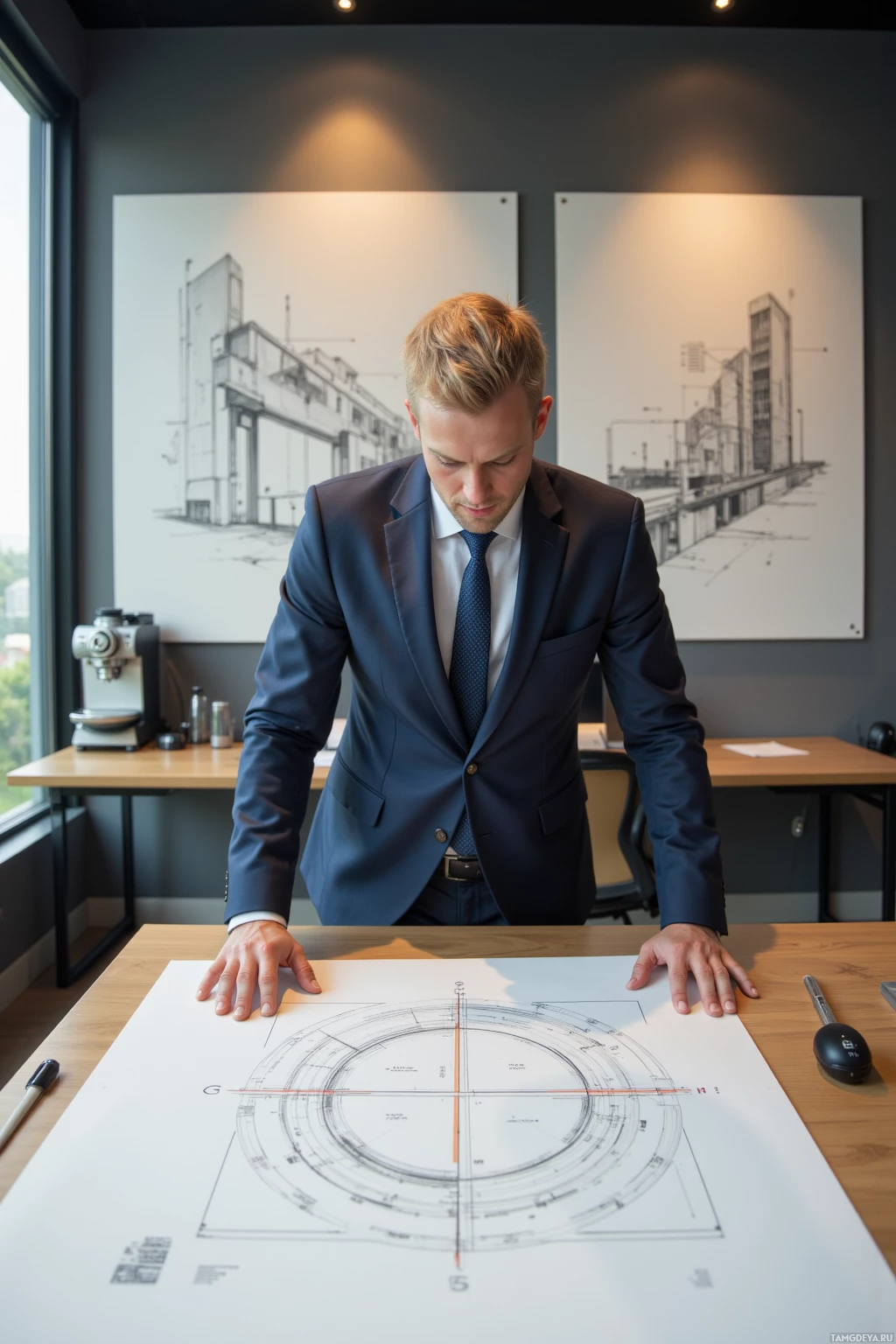 A man in a suit examines architectural blueprints on a table.