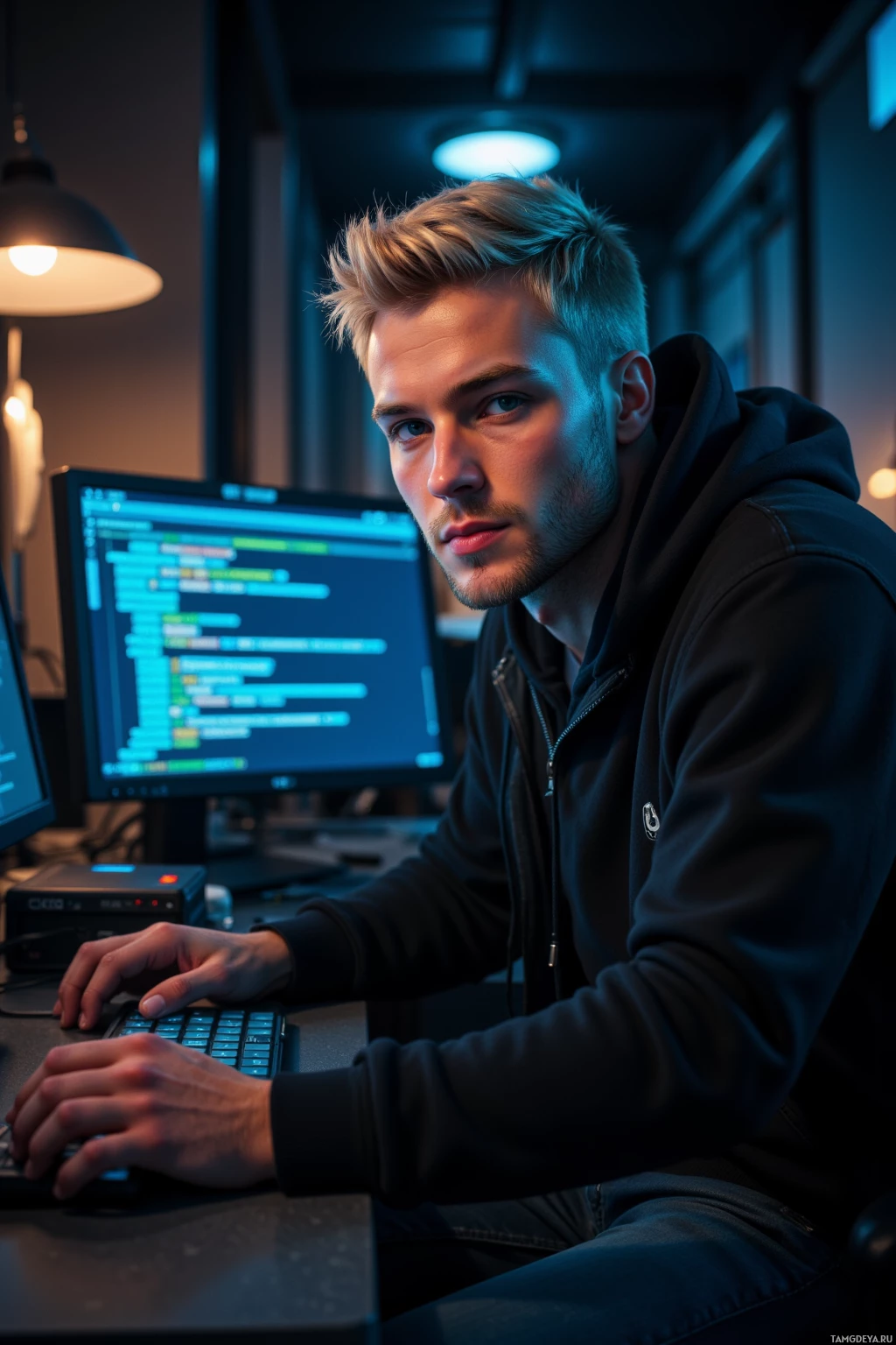 A person in a hoodie is working at a computer with code visible on the screen.