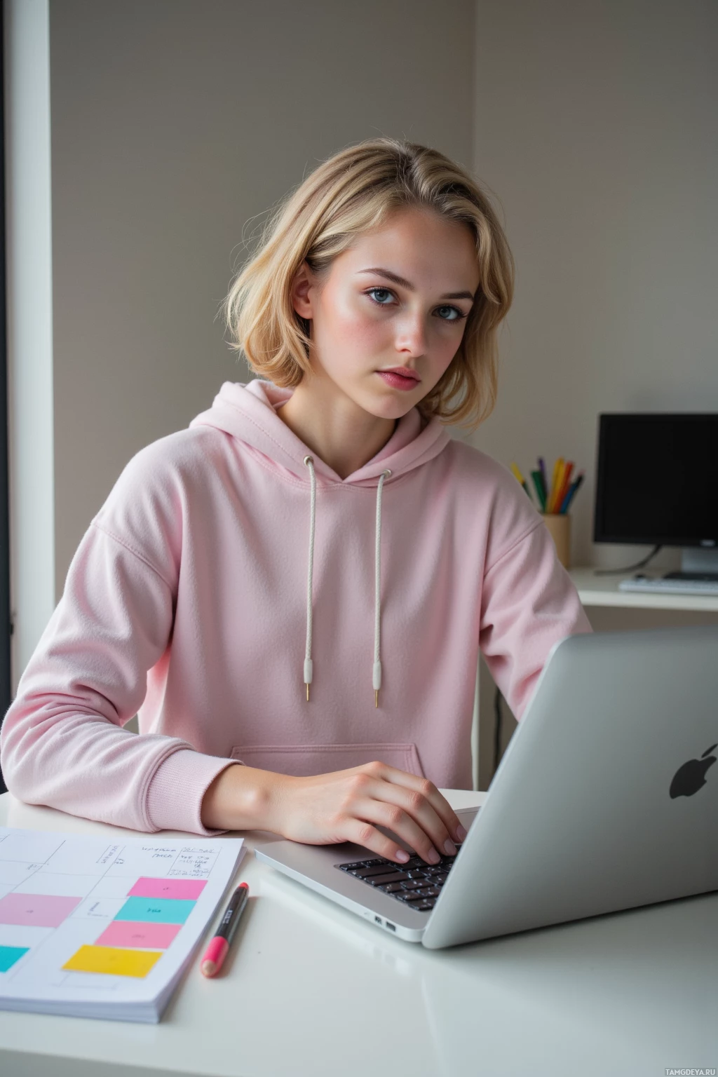 A person in a pink hoodie works on a laptop at a desk.