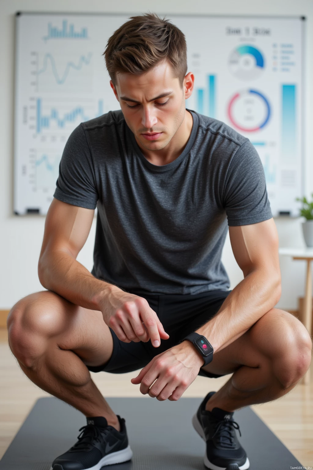 A man in athletic attire is squatting on a mat, checking his wristwatch.
