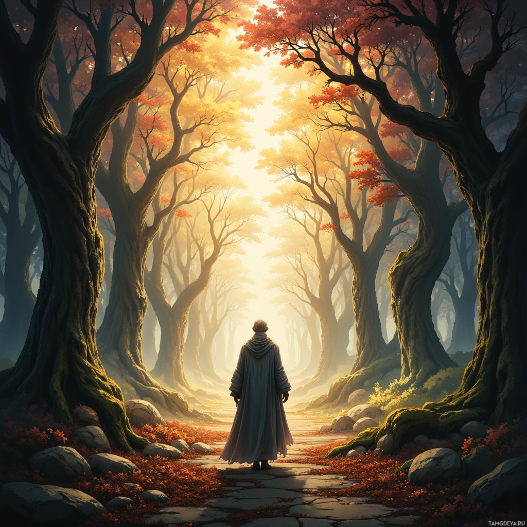 A solitary figure in a long robe walks down a stone path through a forest with tall, twisted trees and autumn foliage.