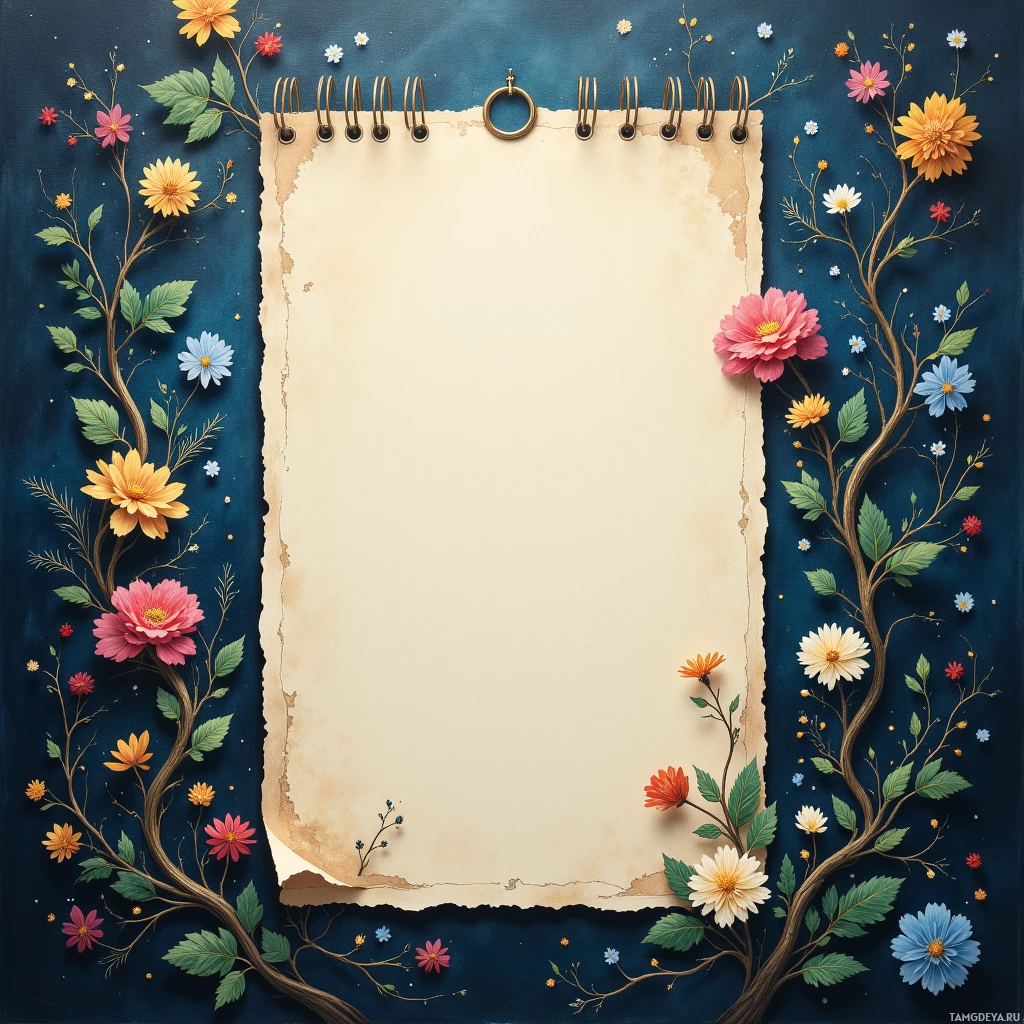 A floral border frames a blank notebook page against a dark blue background.