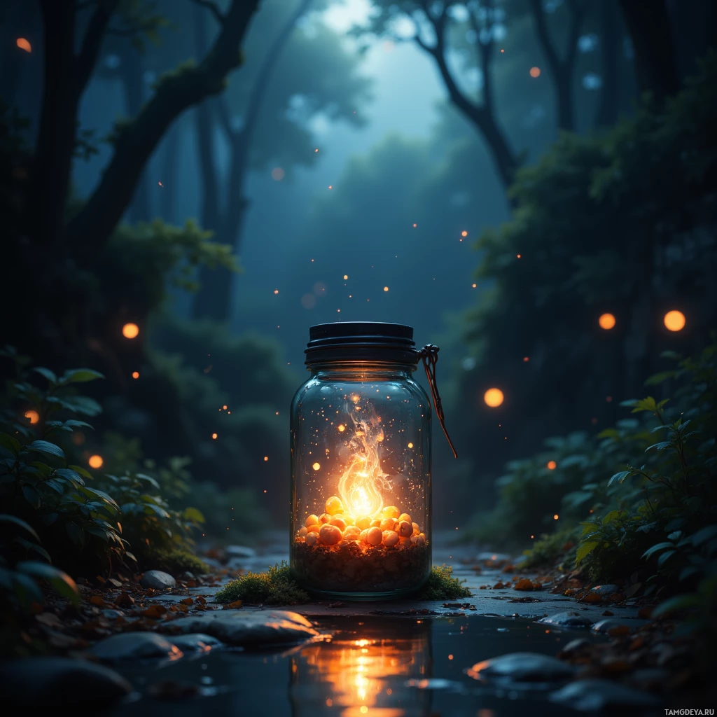 A glowing lantern in a forest setting with mist and reflections.
