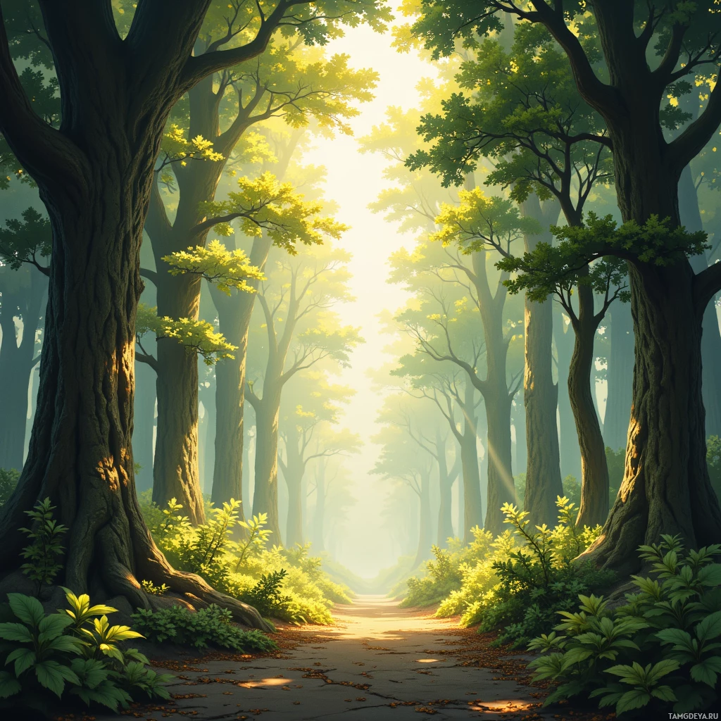 A serene forest path lined with tall trees and dappled sunlight.