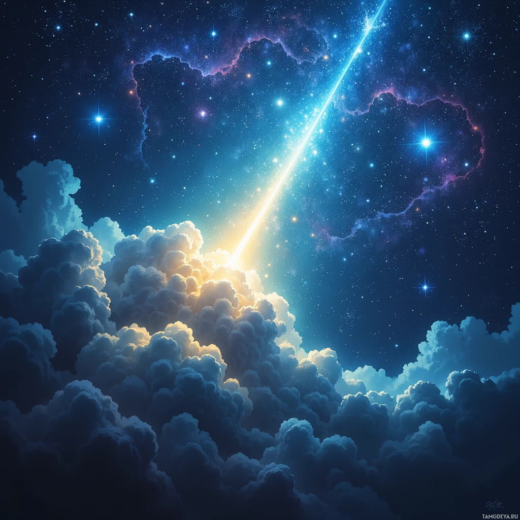 A vibrant night sky with clouds, stars, and a bright streak of light.