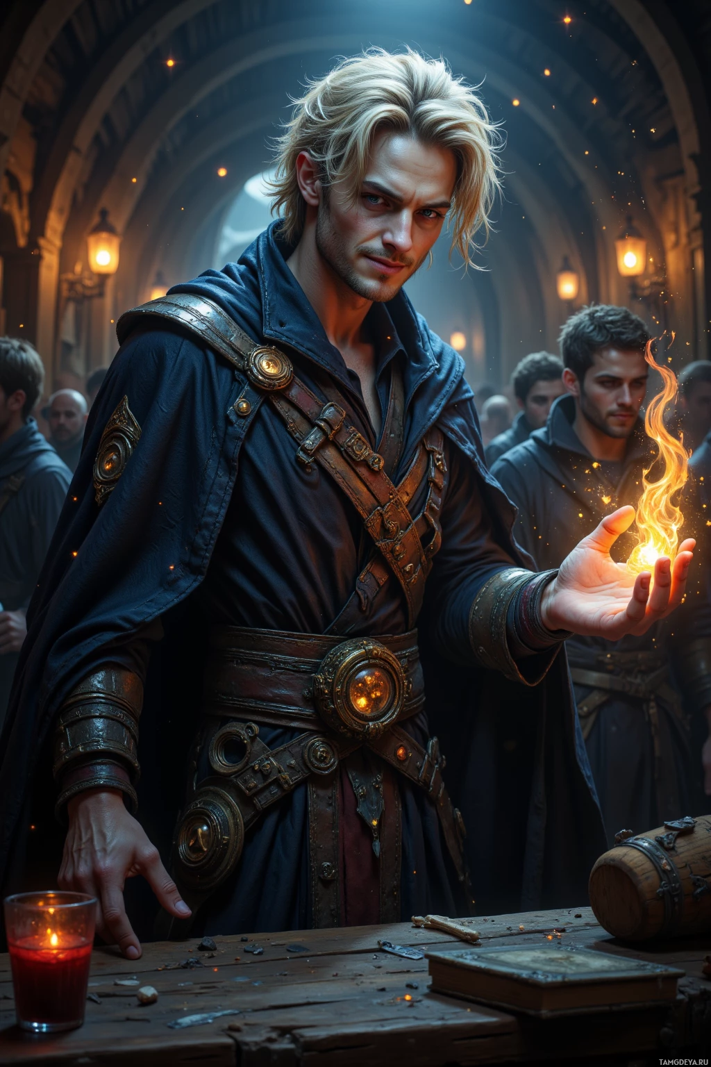 A man in a medieval-style outfit holds a glowing flame in his hand, surrounded by others in a dimly lit, arched hallway.