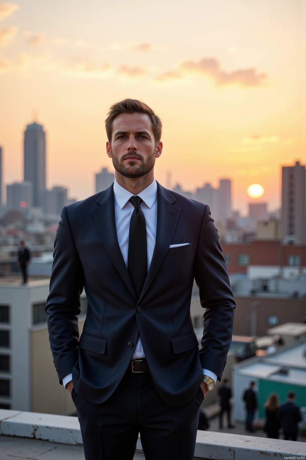 A man in a suit stands on a rooftop with a cityscape and sunset in the background.