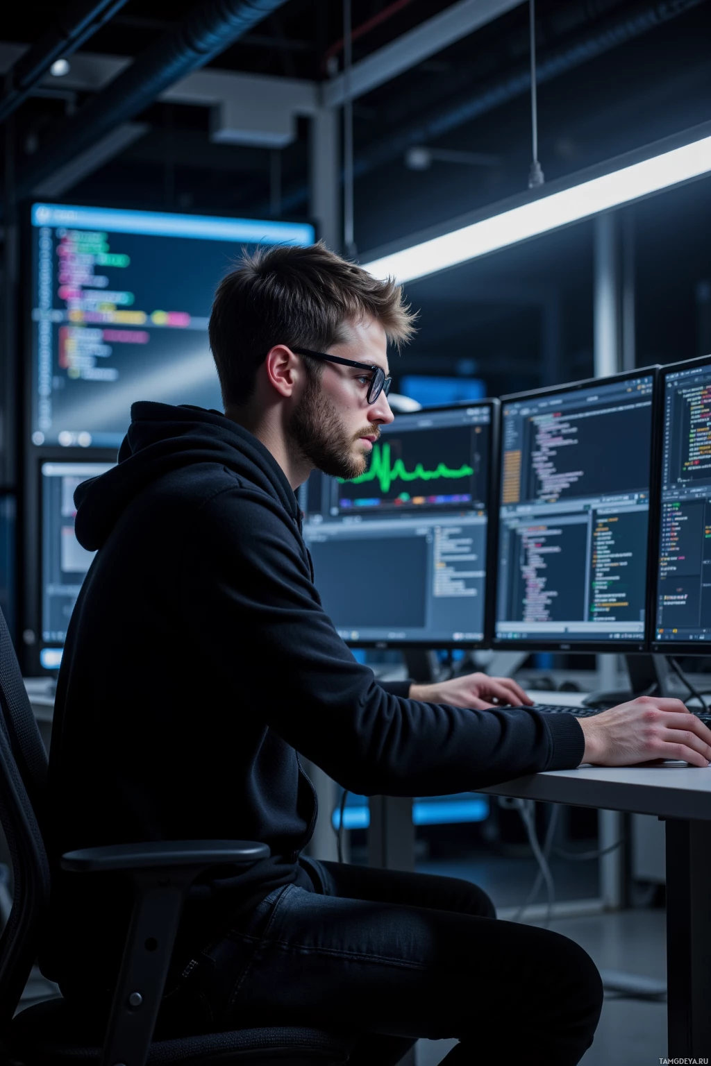 A person is seated at a desk working on a computer with multiple monitors displaying code.