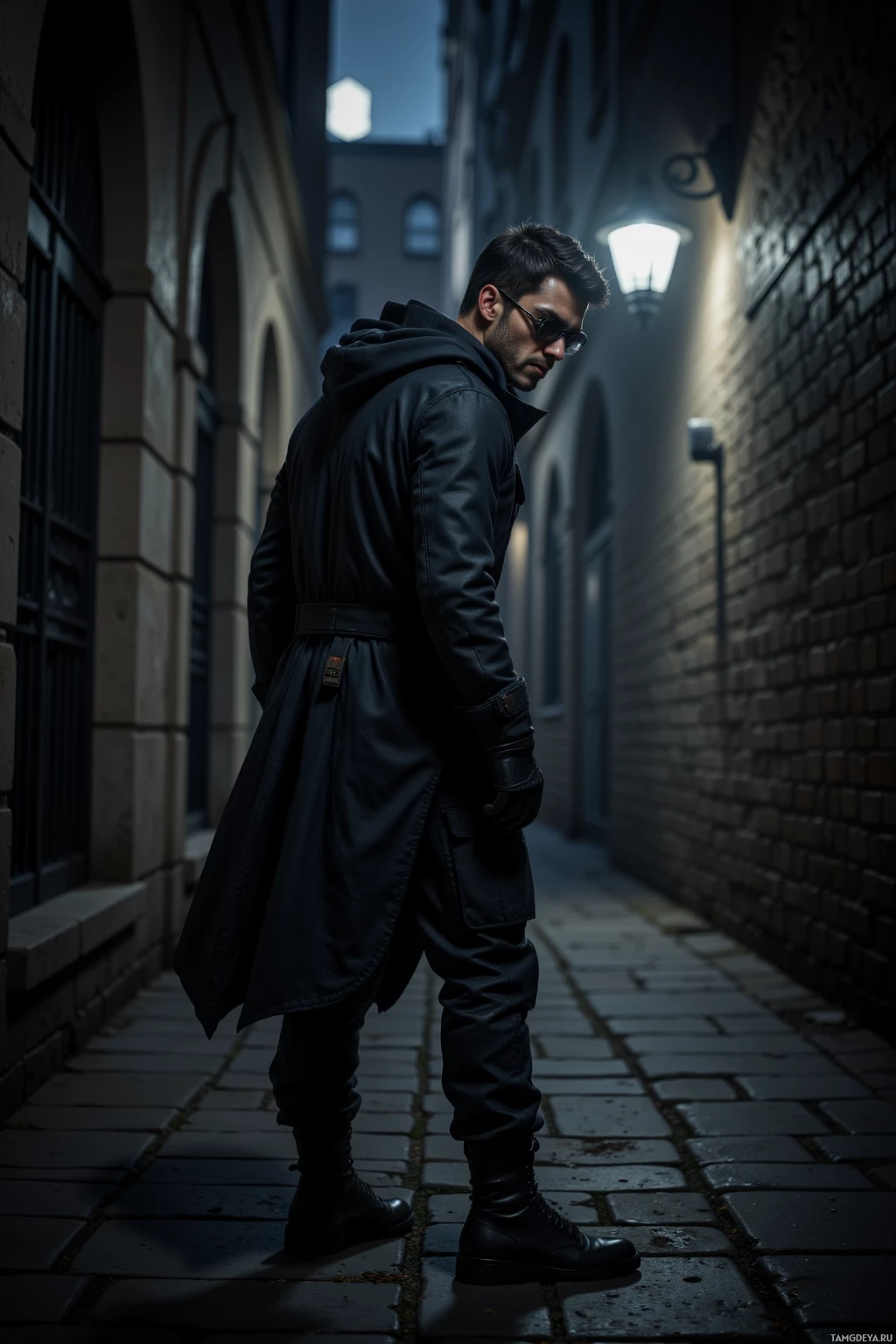 A man in a black coat stands in a dimly lit alleyway.