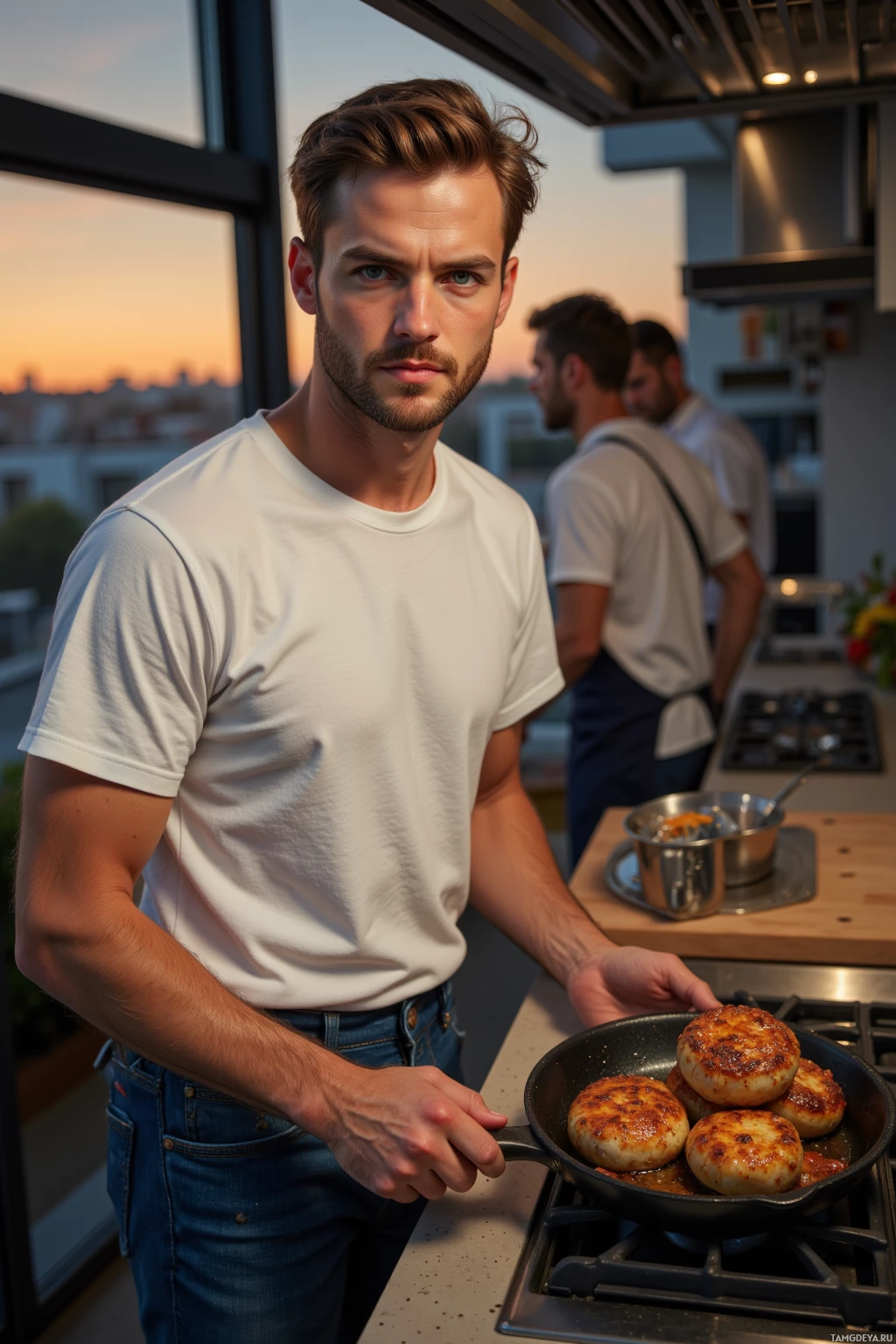 A man in a white t-shirt holds a frying pan with cooked food, standing in a kitchen with another person in the background.