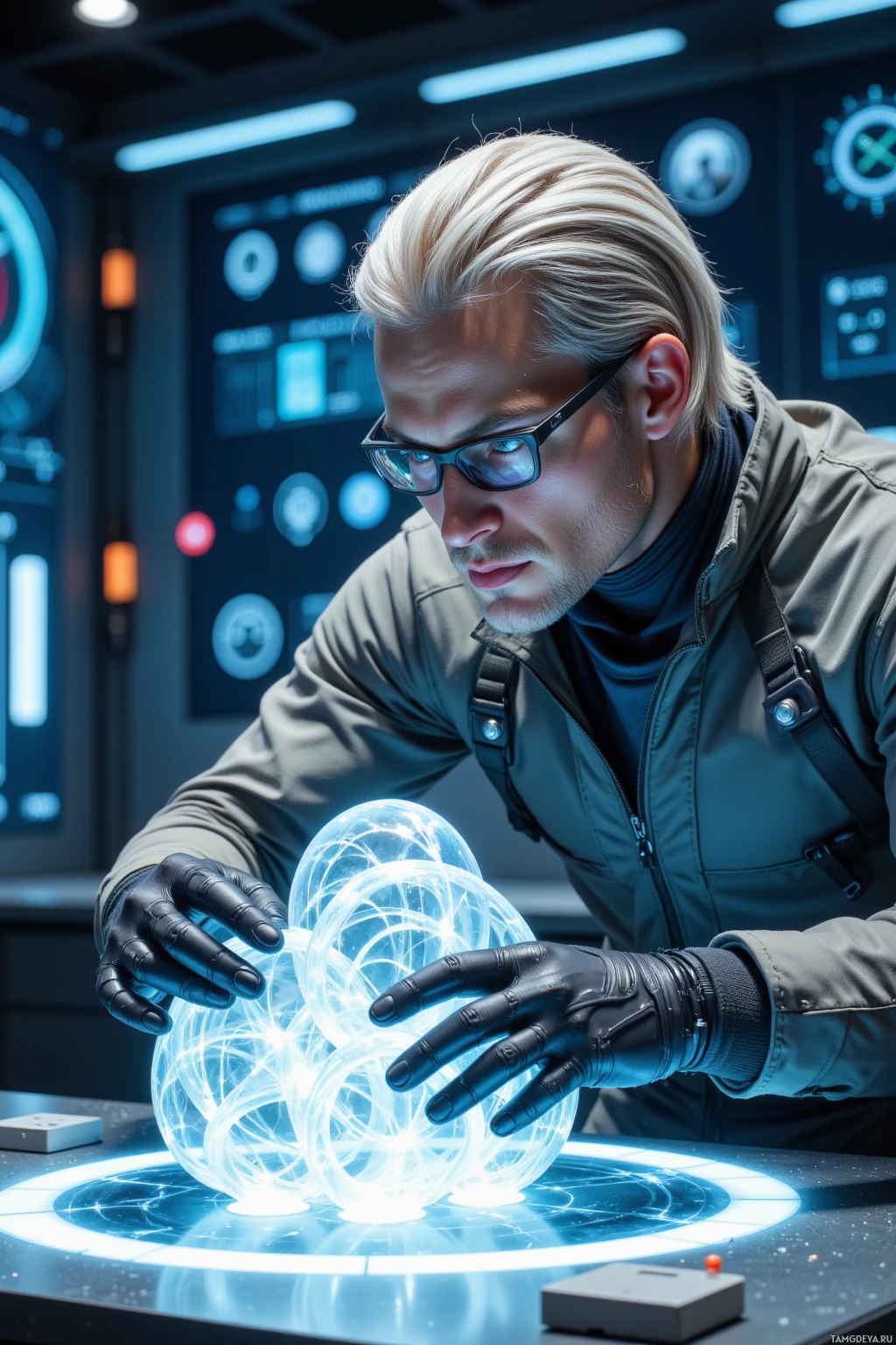 A person in a futuristic setting interacts with glowing, spherical energy constructs.