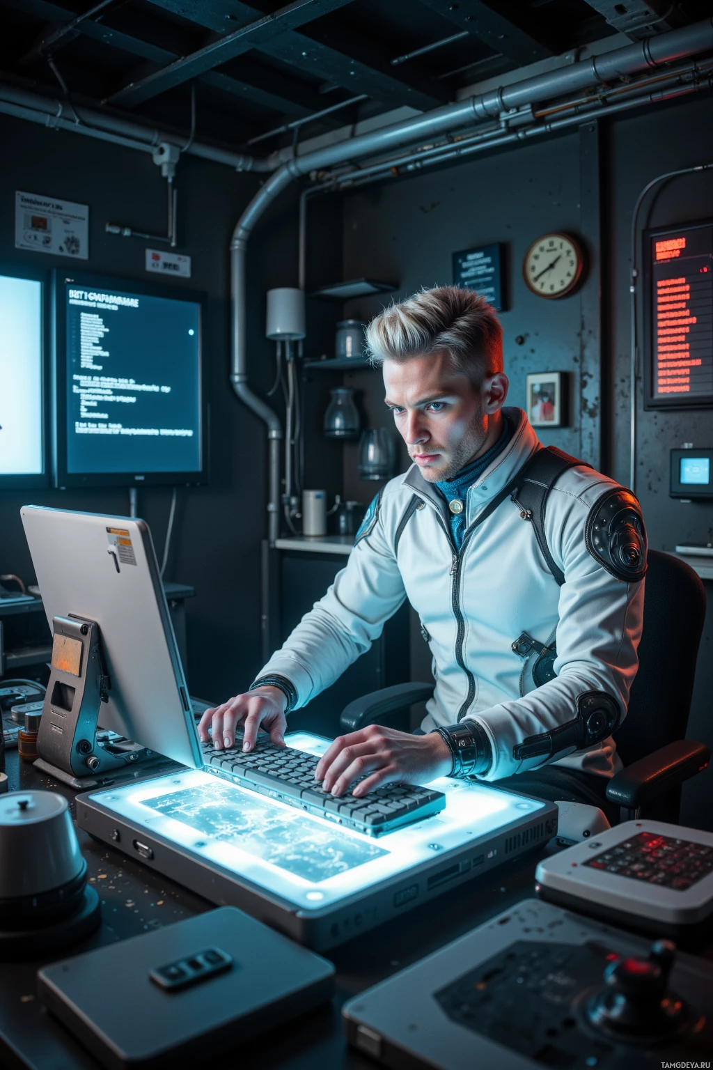 A person in a futuristic outfit is working on a glowing laptop in a high-tech environment.