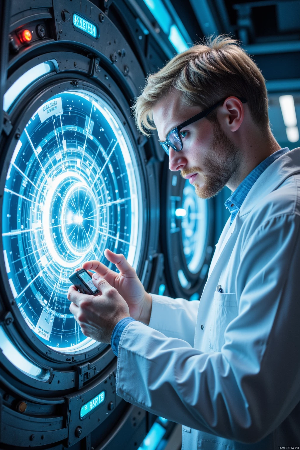 A person in a lab coat uses a handheld device in front of a futuristic circular display.