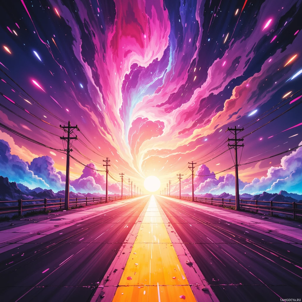 A vibrant, futuristic road stretches into a glowing horizon under a cosmic sky.