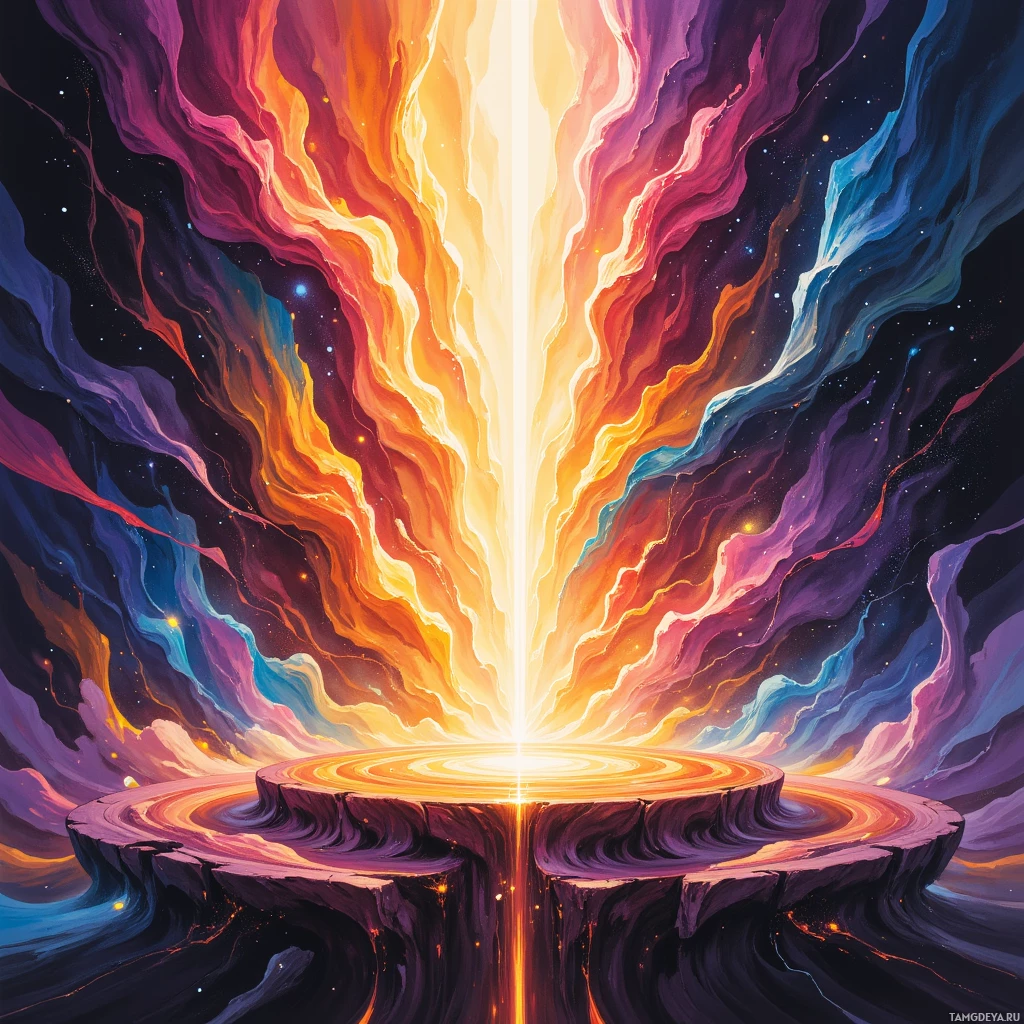 A vibrant cosmic scene with swirling colors and a bright light source at the center.