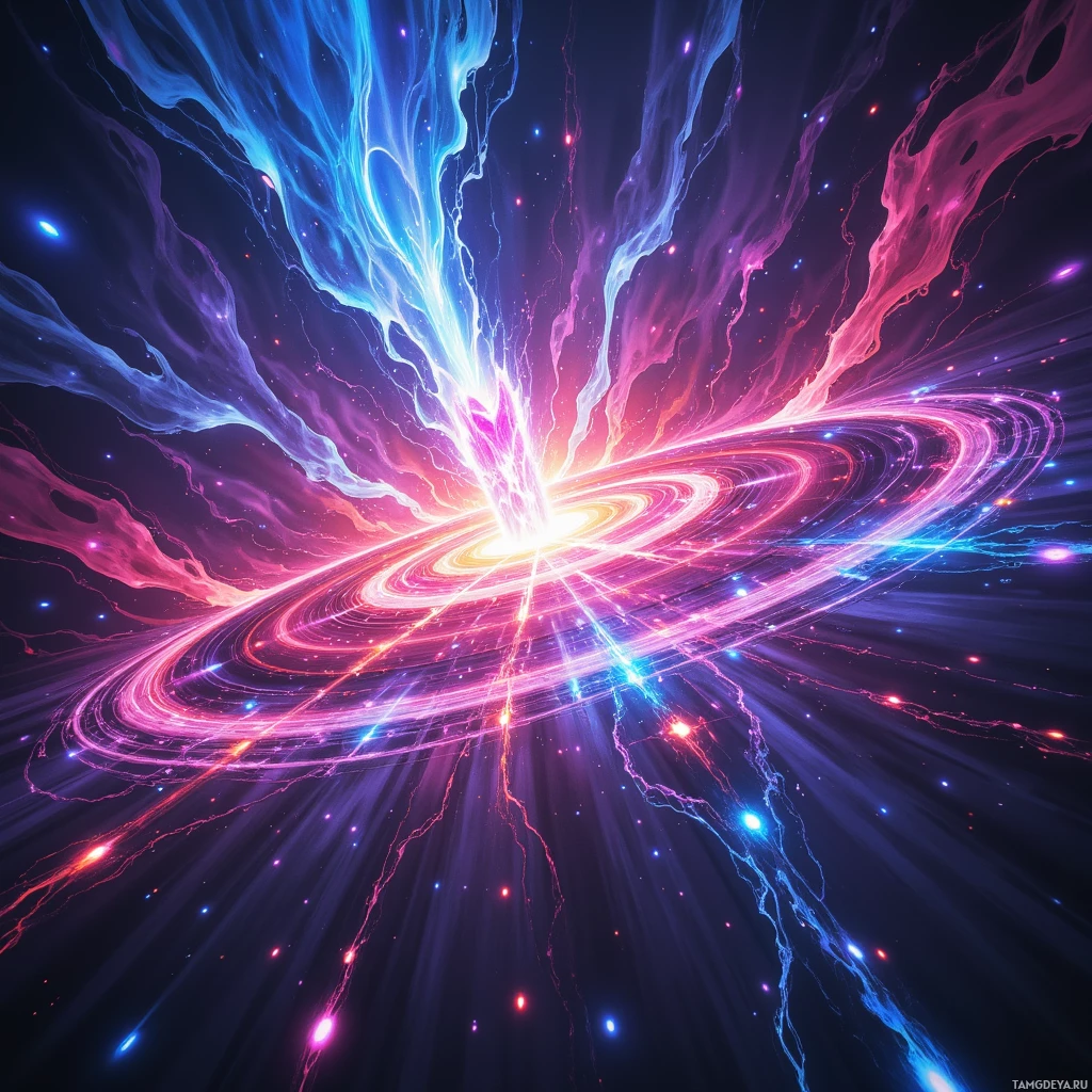 A vibrant cosmic scene with swirling energy and glowing particles.