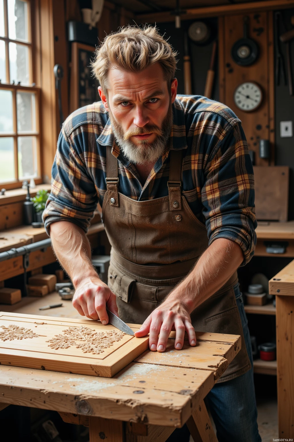 A man in a workshop wearing an apron and plaid shirt is carving wood with a knife.