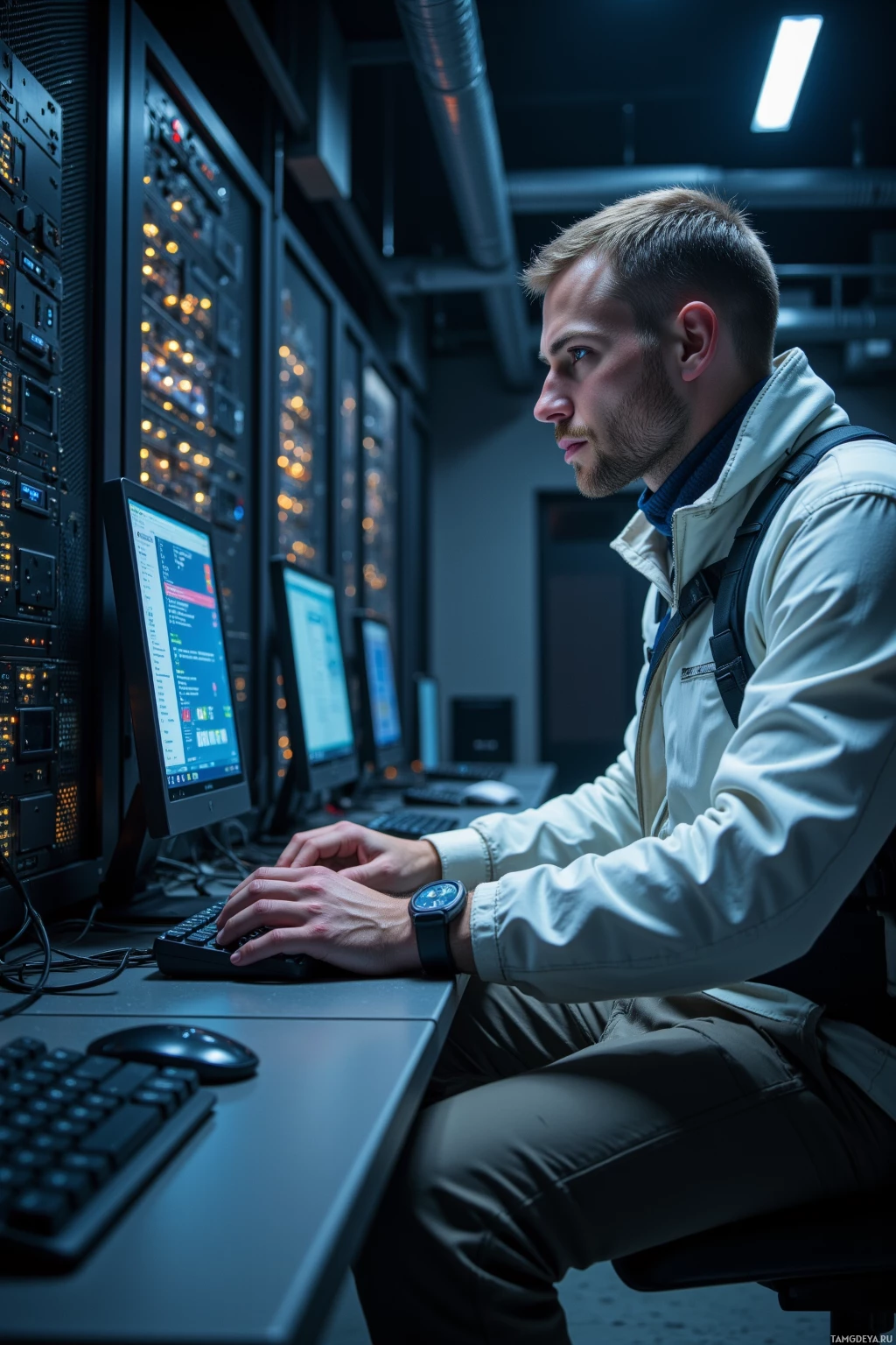 A man is working at a computer in a dimly lit room with multiple monitors and equipment.
