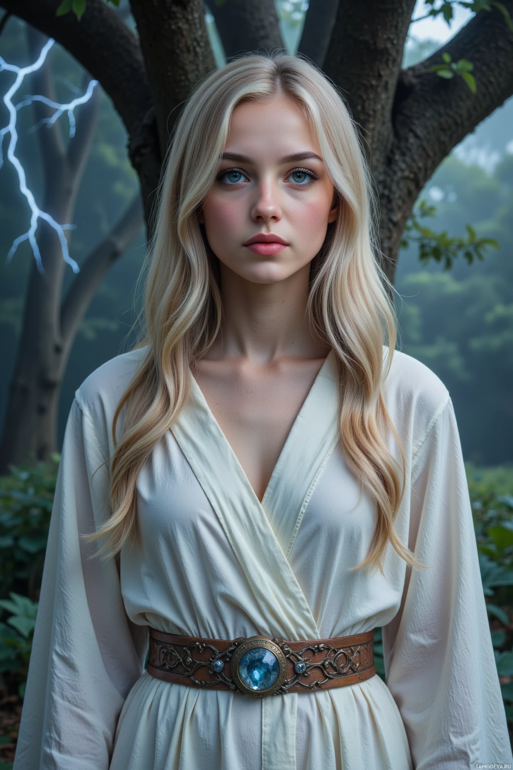 A woman with long blonde hair wearing a white dress and a belt with a blue gem stands in a forest.
