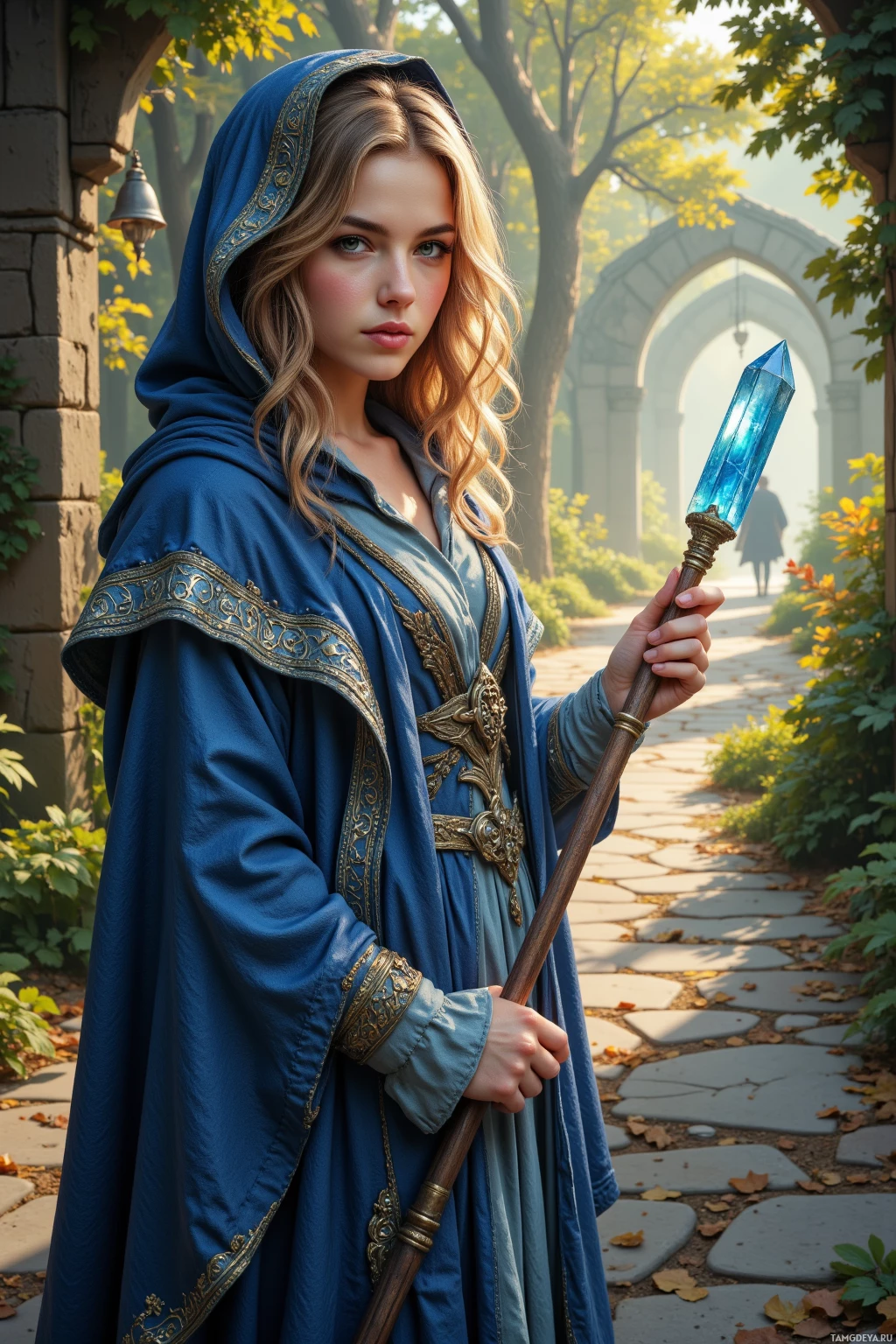 A woman in a blue hooded robe holds a staff with a glowing blue crystal tip, standing in a sunlit garden path.