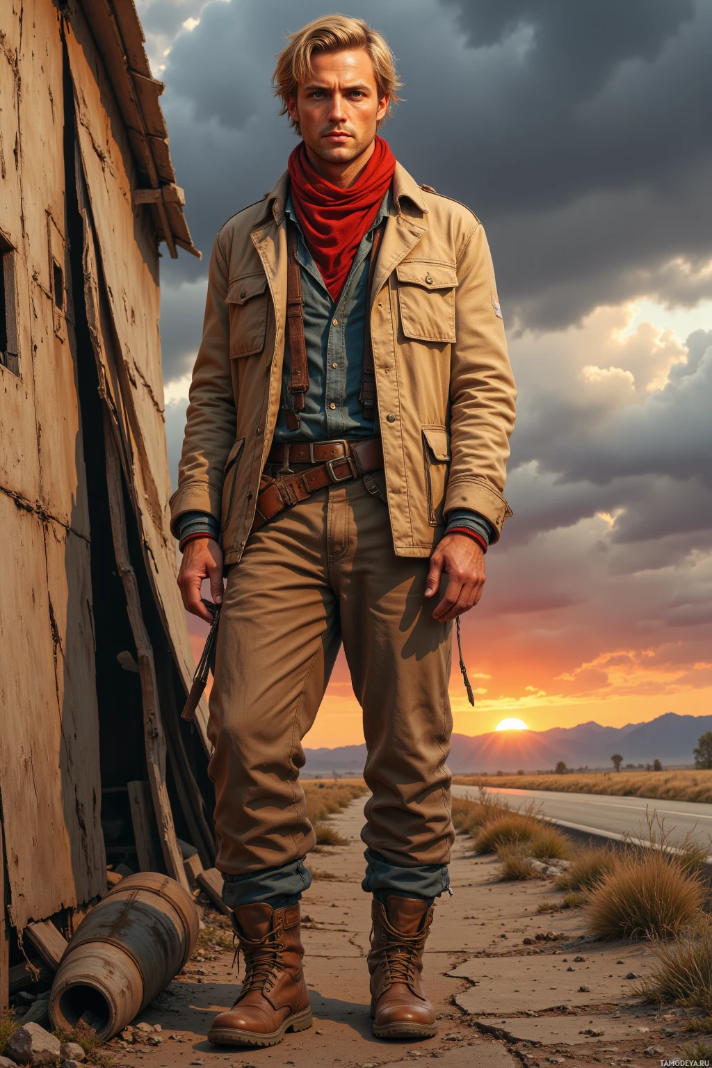 A man stands on a cracked road near a dilapidated building, wearing a tan jacket, red scarf, and brown boots, with a dramatic sunset in the background.