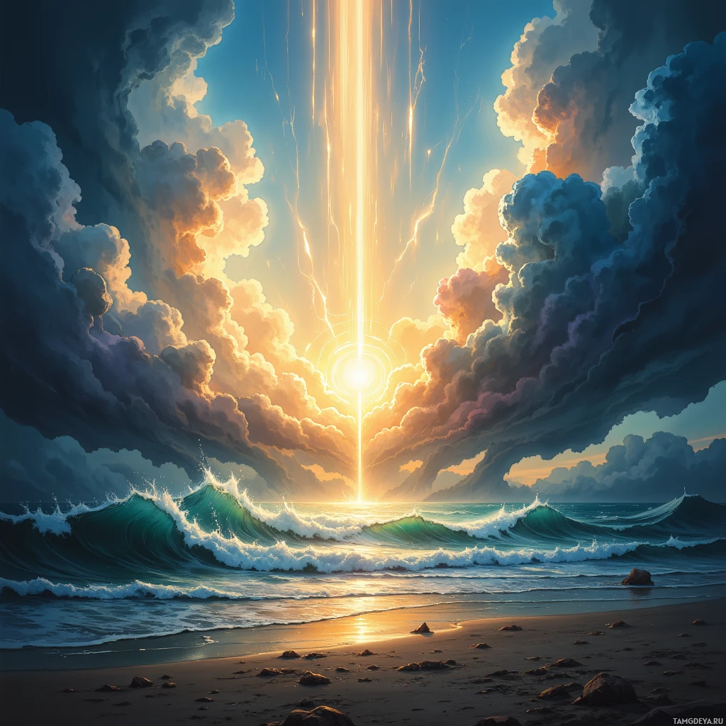 A dramatic sunset over the ocean with powerful waves crashing onto the shore.