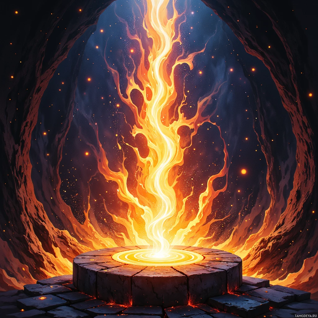 A fiery, glowing portal within a dark cave.