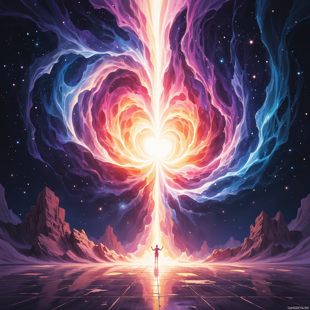 A person stands before a glowing, cosmic portal in a surreal landscape.