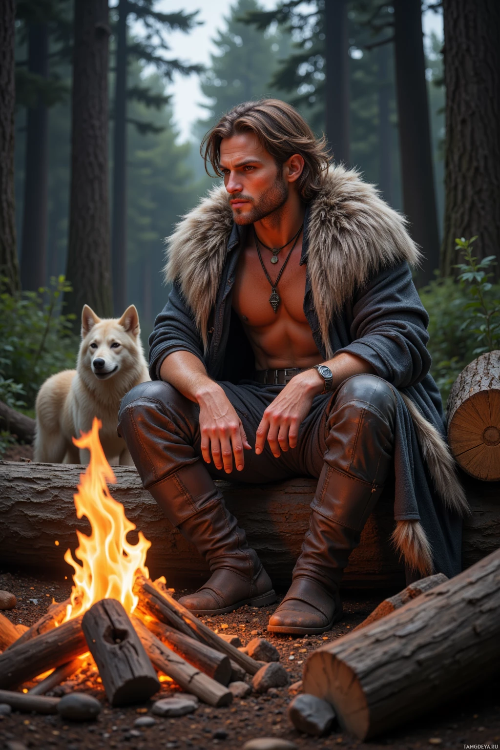 A man in a fur-trimmed cloak sits by a campfire with a dog in a forest.