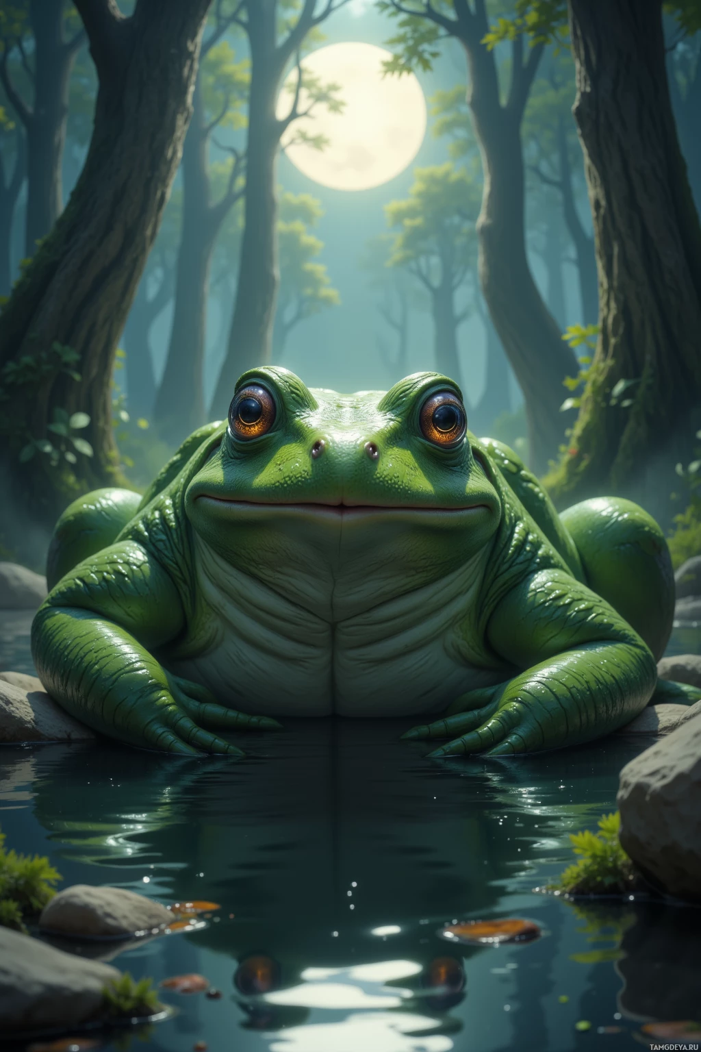 A large green frog sits on a rock in a serene forest setting with a full moon in the background.