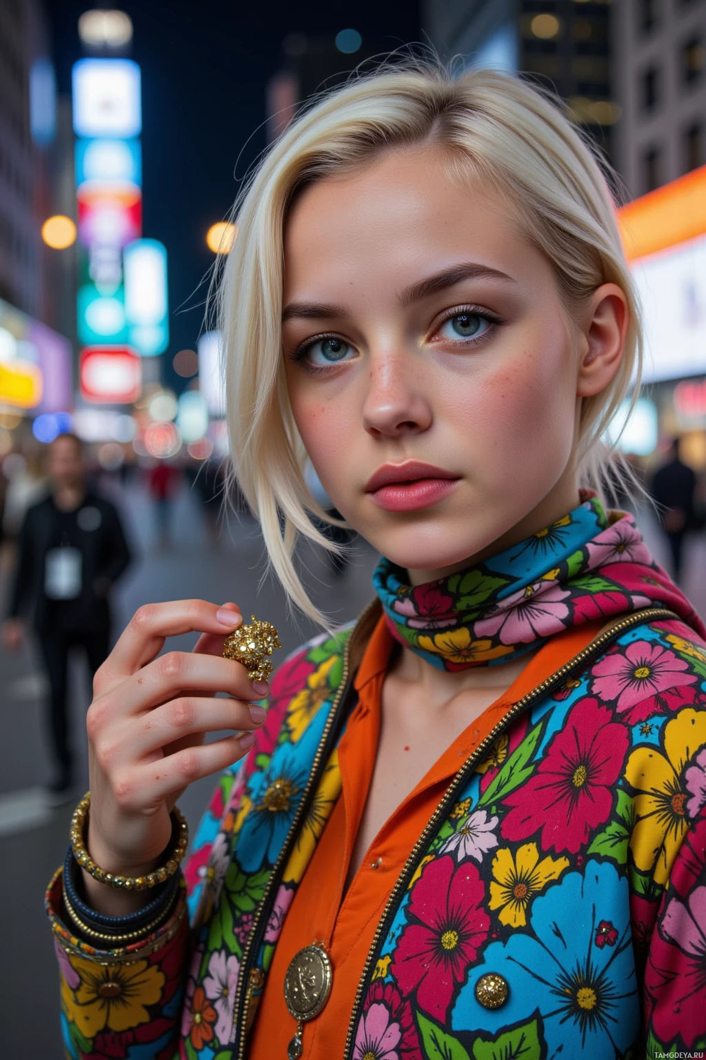 A person with blonde hair wearing a colorful floral jacket and holding a small decorative item.