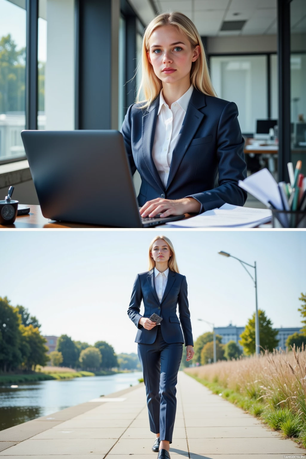 A woman in a business suit walks along a riverside path.