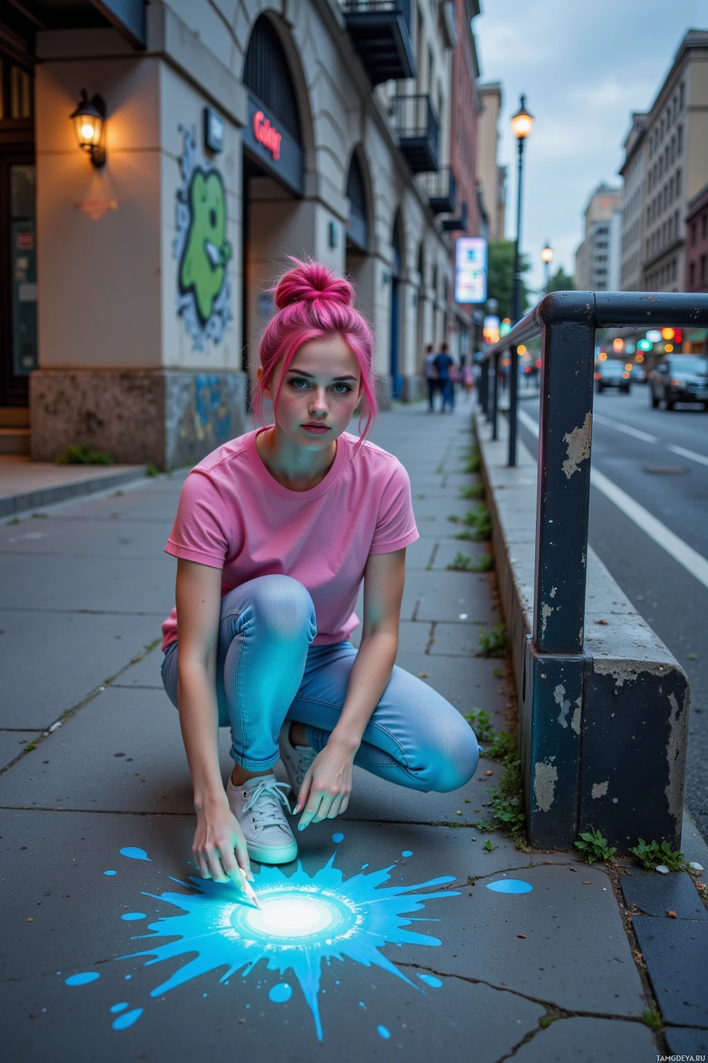 A person in a pink shirt and jeans crouches on a sidewalk, drawing a blue splash on the pavement.