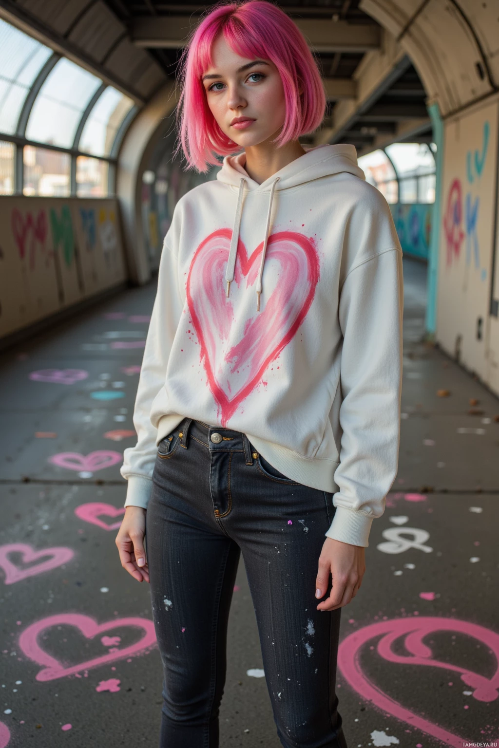 A person with pink hair stands in a graffiti-covered tunnel wearing a white hoodie with a pink heart design and dark jeans.