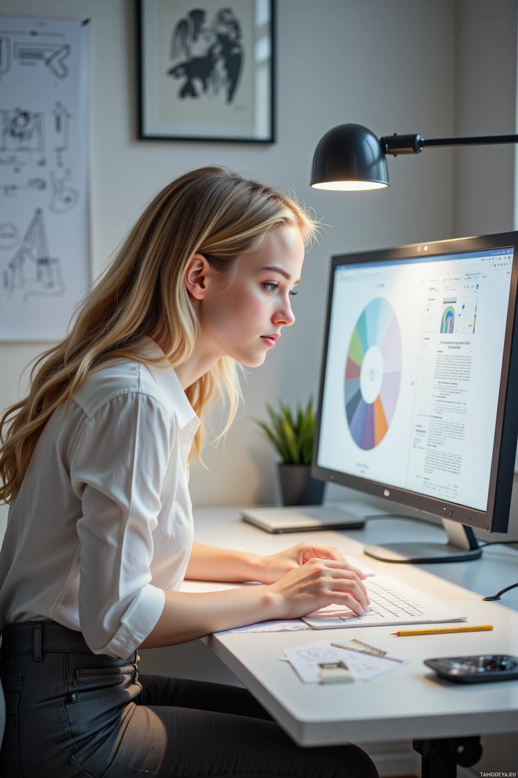 A woman is working at a desk with a computer displaying a pie chart.