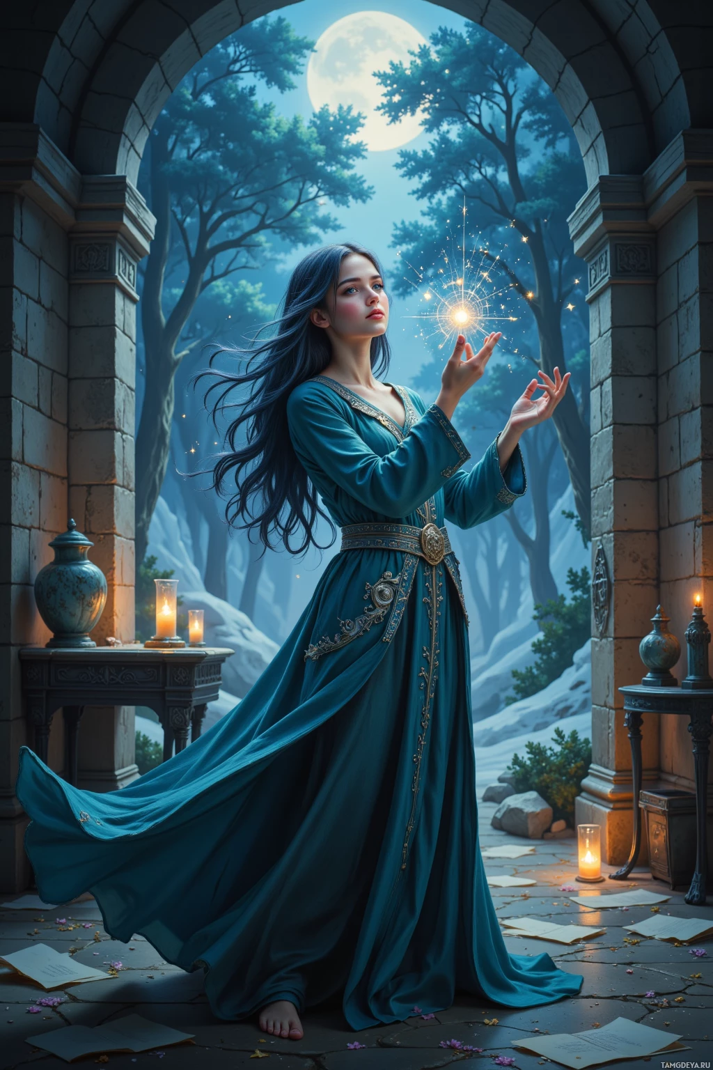 A woman in a flowing blue gown stands in a moonlit courtyard, surrounded by candles and ancient architecture.