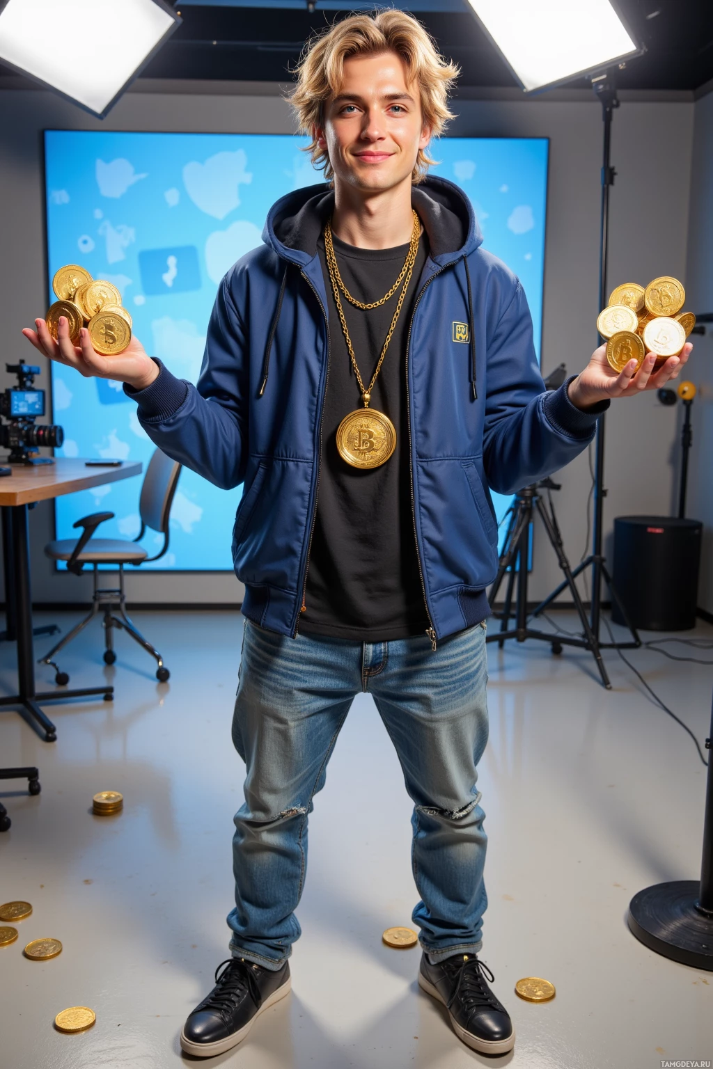 A person in a blue jacket and jeans holds gold coins in a studio setting.