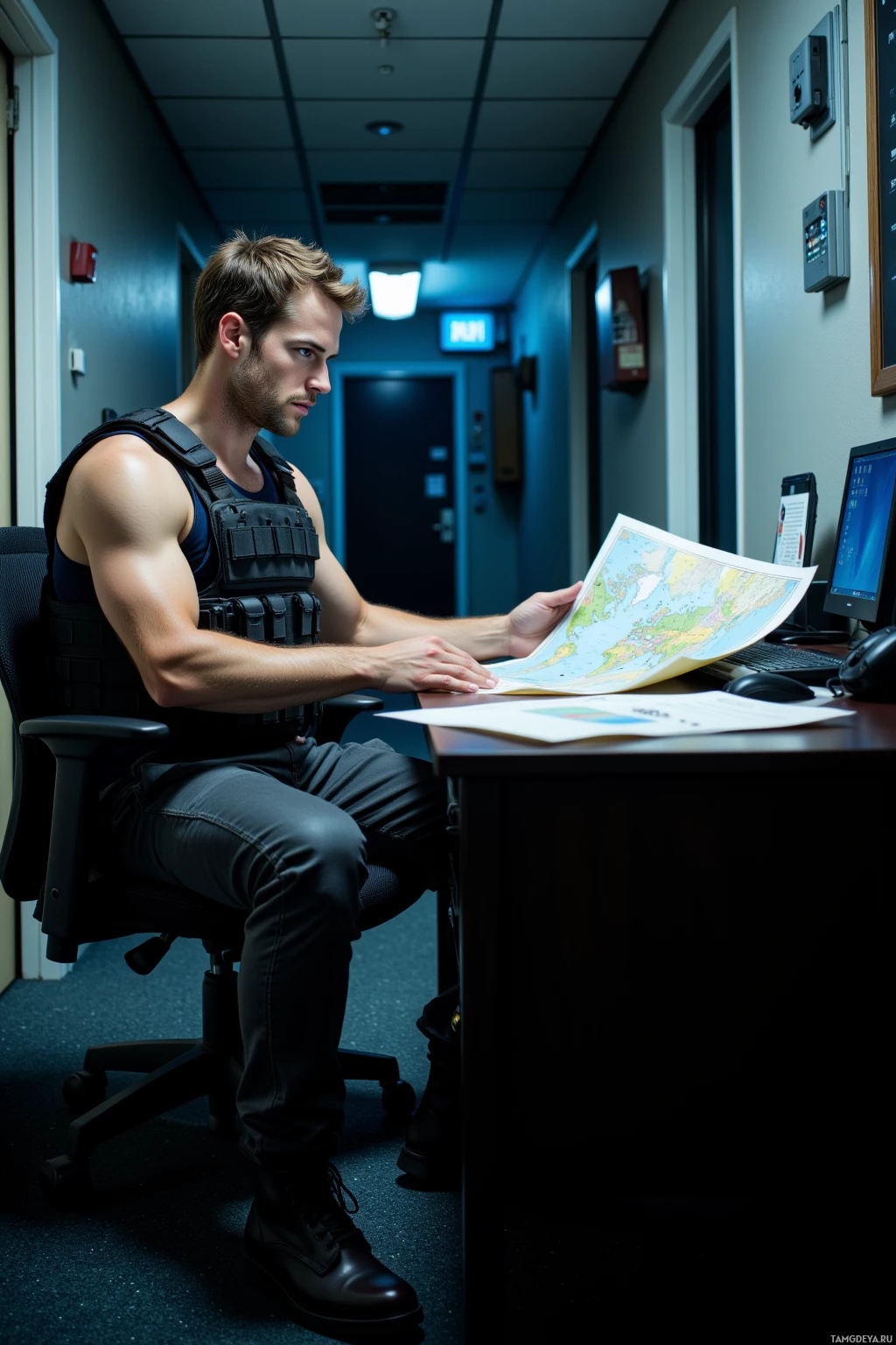 A man in tactical gear sits at a desk, examining a map.